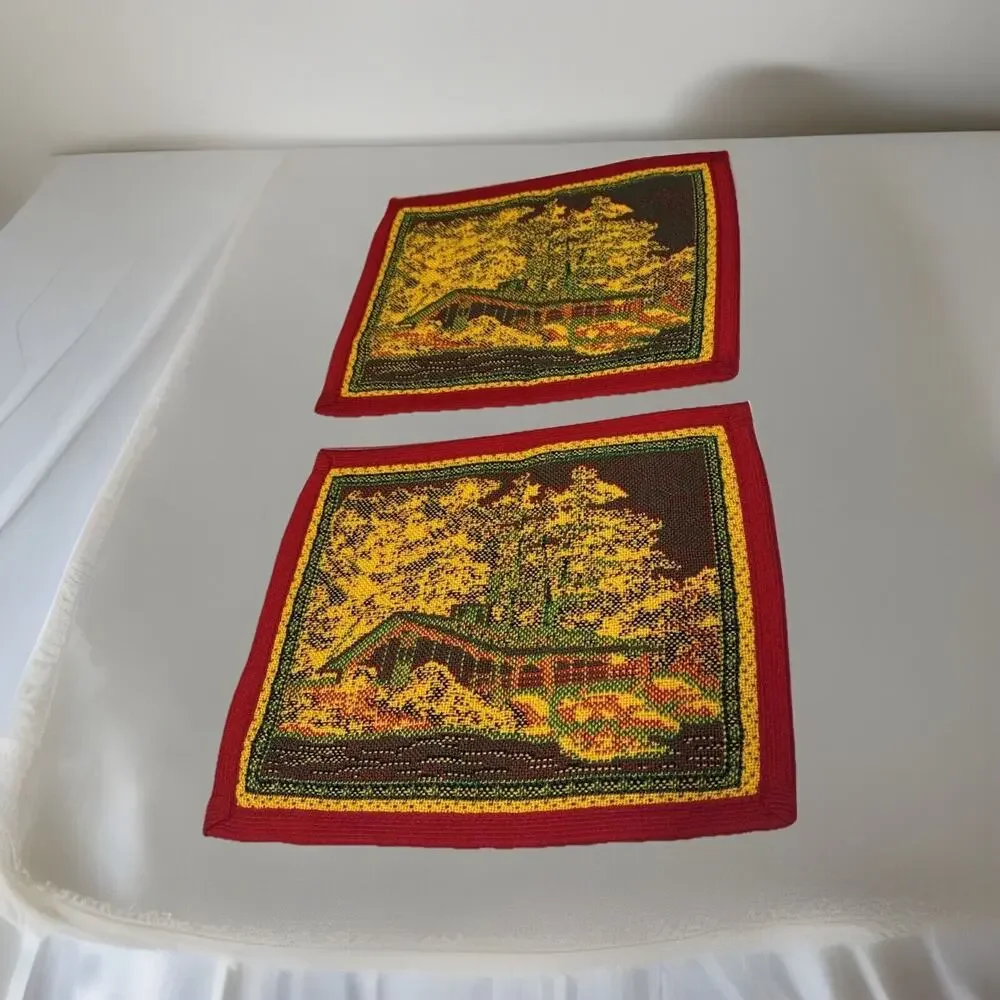 2 Vtg Cross Stitch Placemat Red Yellow Green House Trees Bushes Decor